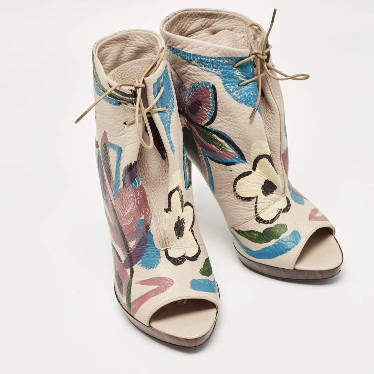 Pre Owned Burberry Grey Leather Flower Prints Ankle Boots Size 37