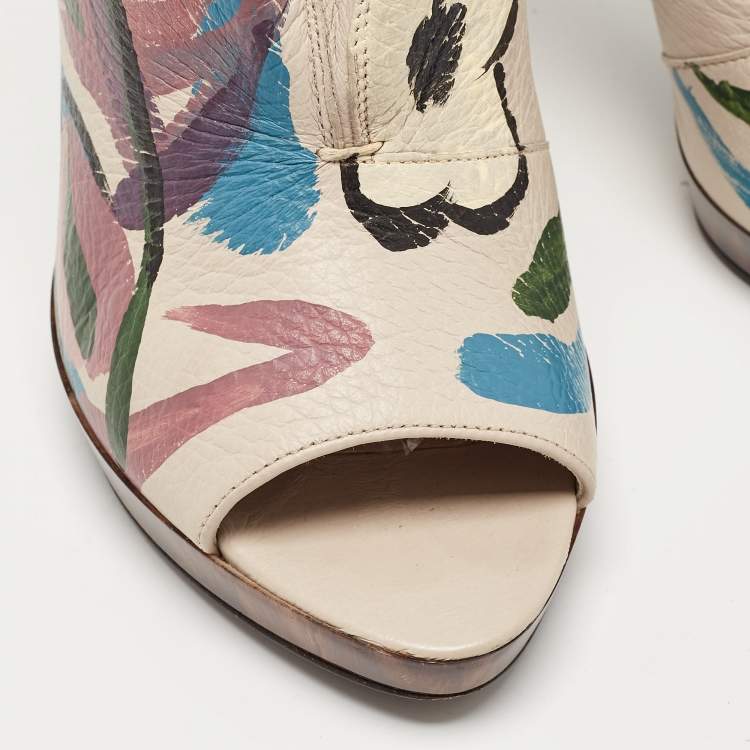 Pre Owned Burberry Grey Leather Flower Prints Ankle Boots Size 37