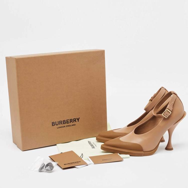 Pre Owned Burberry Brown Leather and Rubber Evan Ankle Strap Pumps Size 38