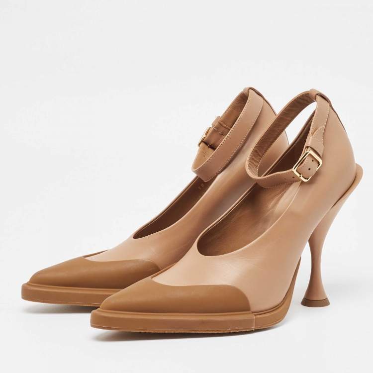 Pre Owned Burberry Brown Leather and Rubber Evan Ankle Strap Pumps Size 38
