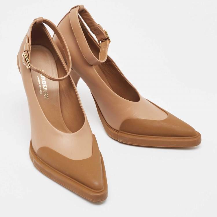 Pre Owned Burberry Brown Leather and Rubber Evan Ankle Strap Pumps Size 38