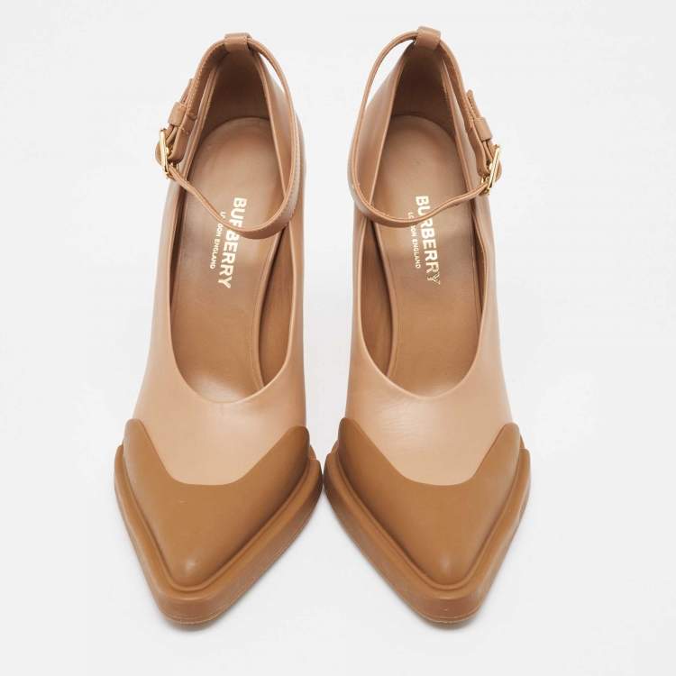 Pre Owned Burberry Brown Leather and Rubber Evan Ankle Strap Pumps Size 38