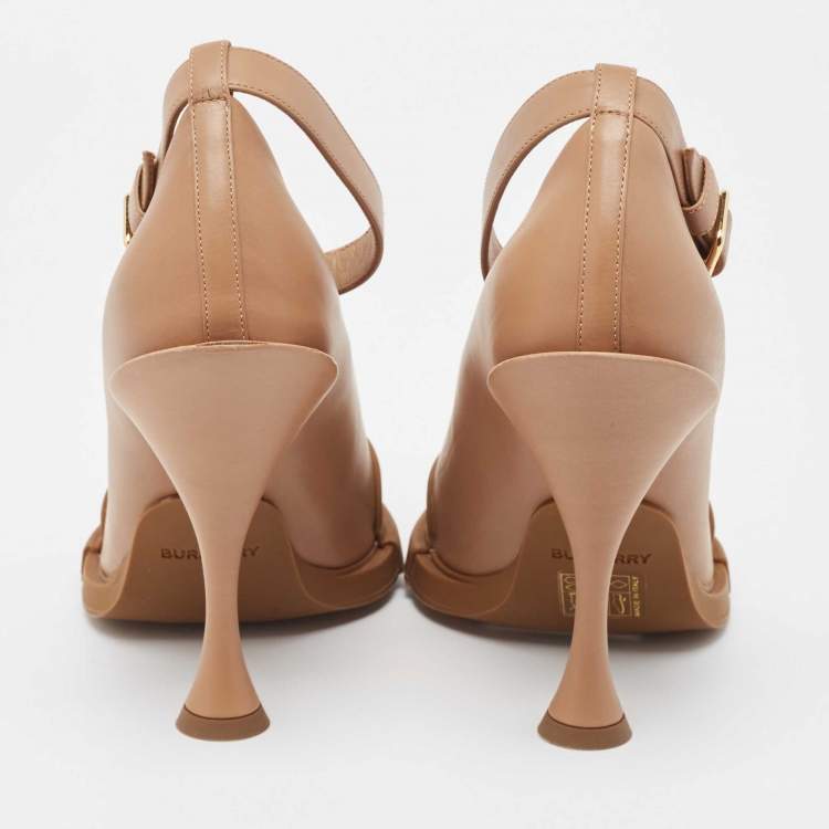 Pre Owned Burberry Brown Leather and Rubber Evan Ankle Strap Pumps Size 38
