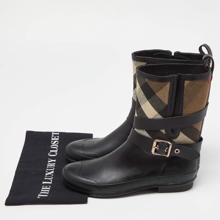 Pre Owned Burberry Black Rubber and House Check Canvas Rain Boots Size 39