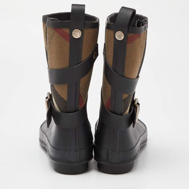 Pre Owned Burberry Black Rubber and House Check Canvas Rain Boots Size 39
