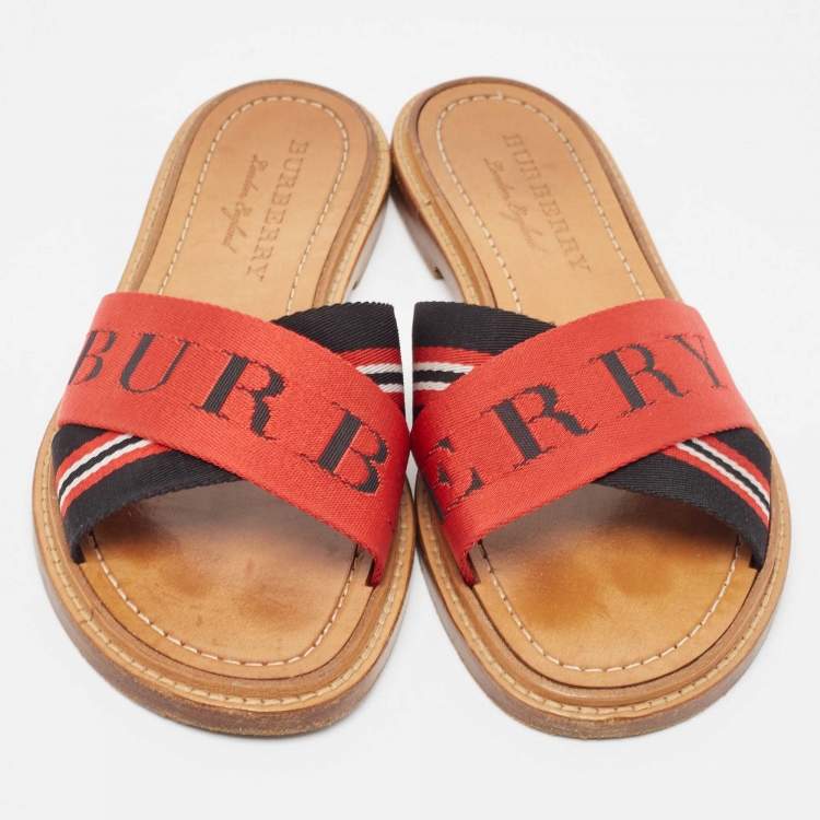 Pre Owned Burberry Red/Black Canvas Foley Logo Stripe Crisscross Slide Flats Size 37.5