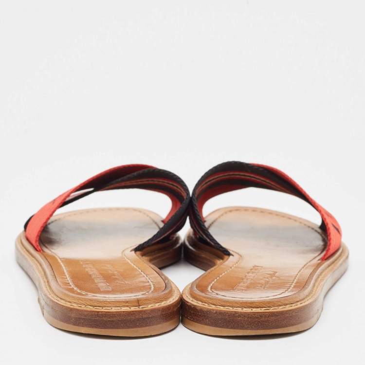 Pre Owned Burberry Red/Black Canvas Foley Logo Stripe Crisscross Slide Flats Size 37.5