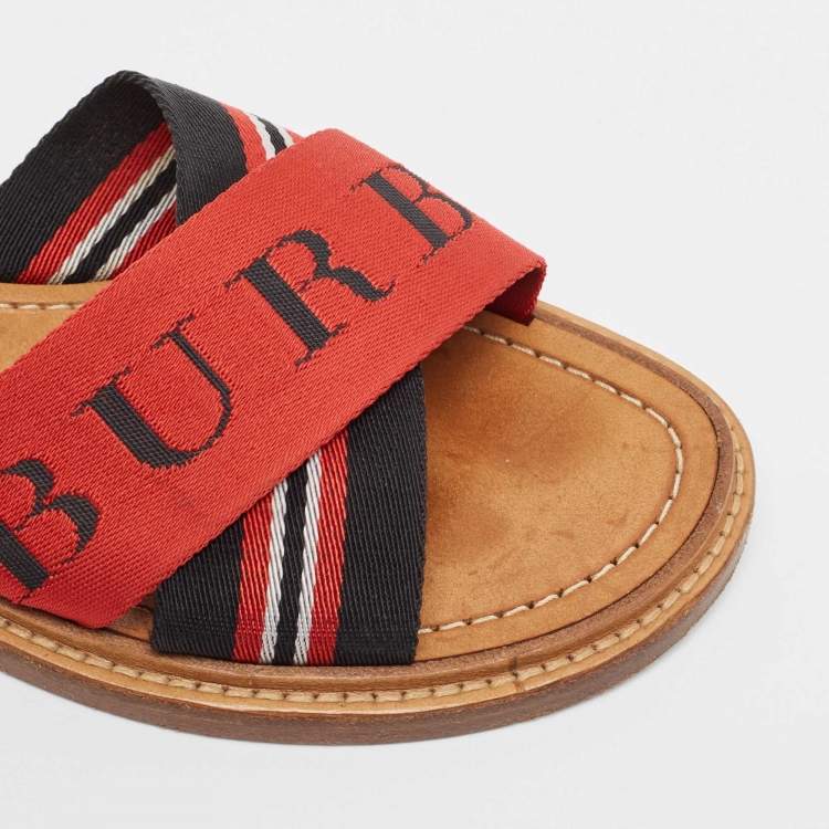 Pre Owned Burberry Red/Black Canvas Foley Logo Stripe Crisscross Slide Flats Size 37.5