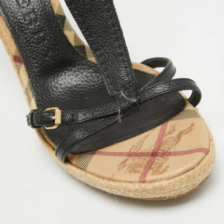 Pre Owned Burberry Black Leather T-Bar Espadrille Wedge Sandals Size 39