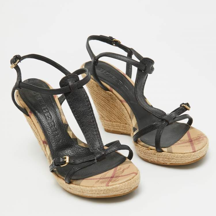 Pre Owned Burberry Black Leather T-Bar Espadrille Wedge Sandals Size 39