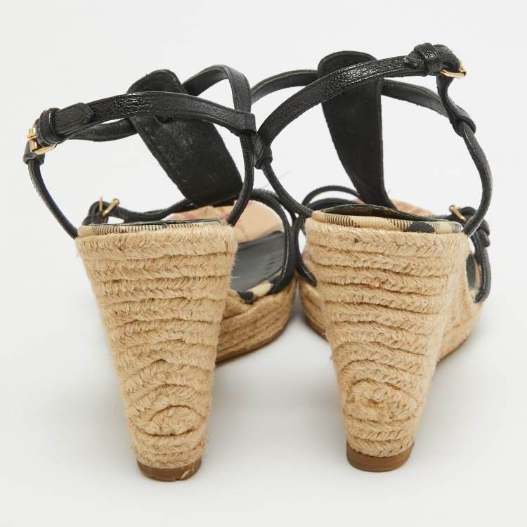 Pre Owned Burberry Black Leather T-Bar Espadrille Wedge Sandals Size 39