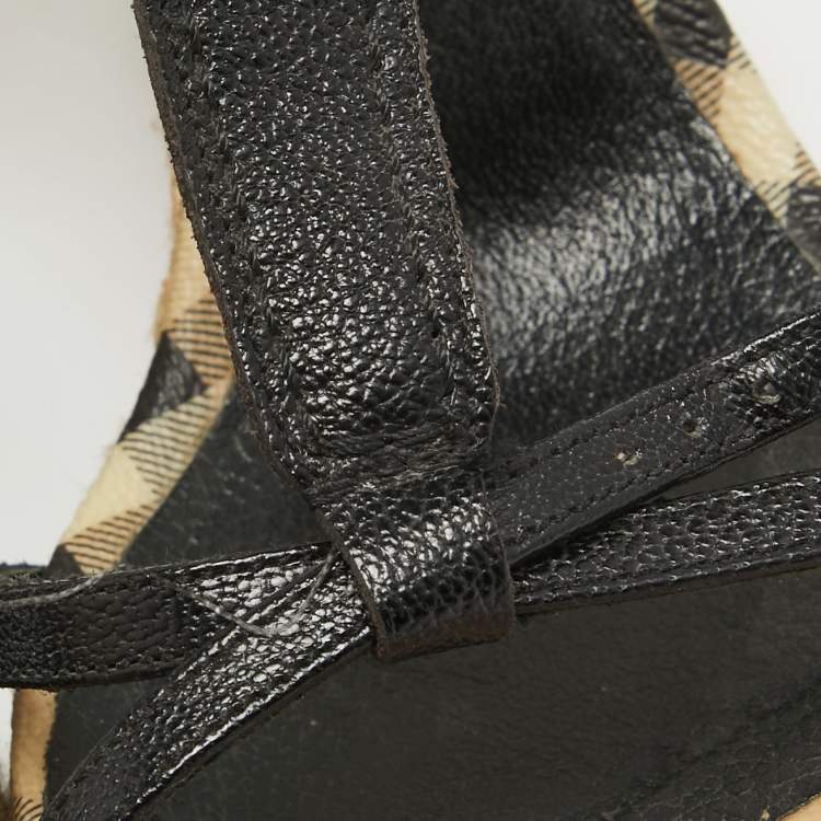 Pre Owned Burberry Black Leather T-Bar Espadrille Wedge Sandals Size 39