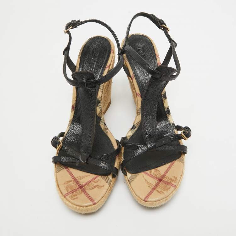 Pre Owned Burberry Black Leather T-Bar Espadrille Wedge Sandals Size 39
