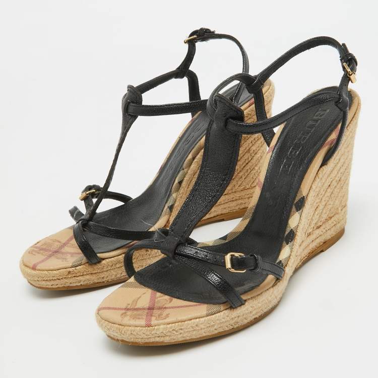 Pre Owned Burberry Black Leather T-Bar Espadrille Wedge Sandals Size 39