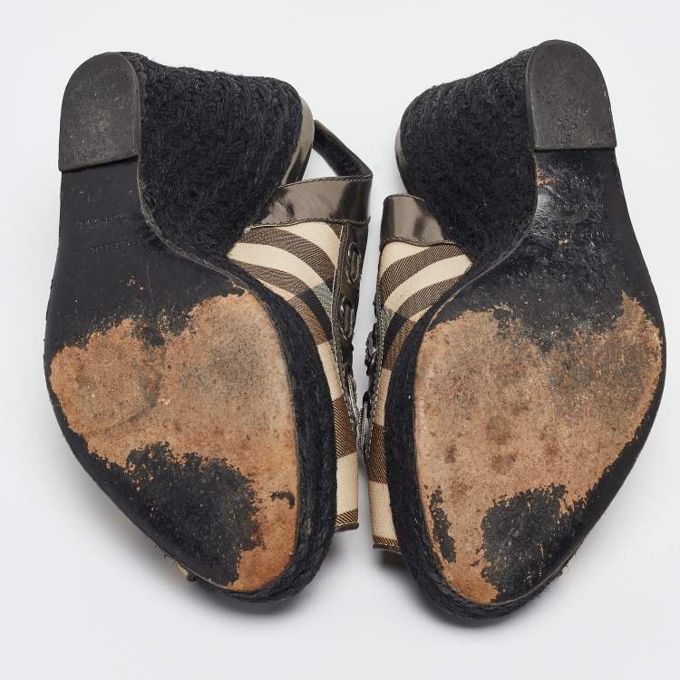 Pre Owned Burberry Multicolor Leather and Check Canvas Espadrille Wedge Slingback Pumps Size 39