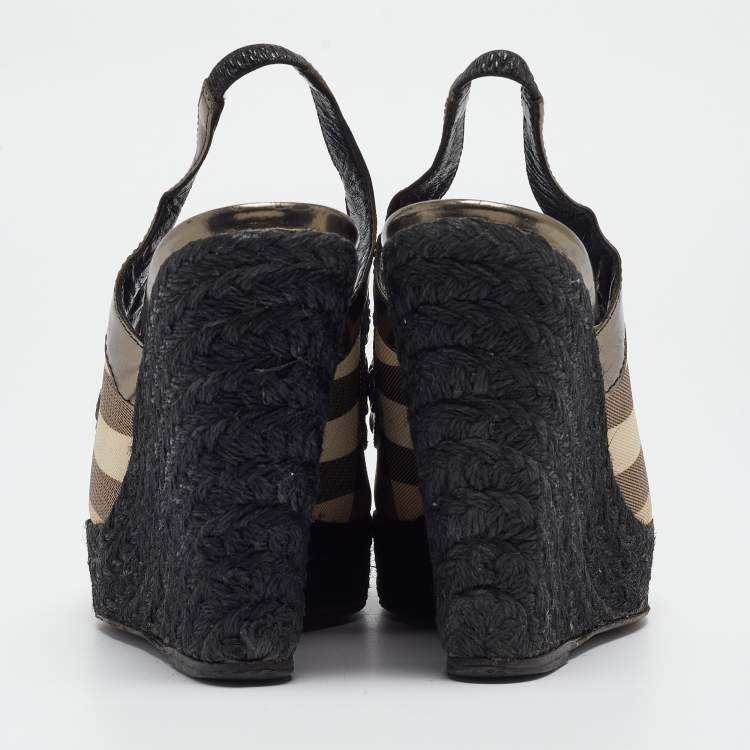 Pre Owned Burberry Multicolor Leather and Check Canvas Espadrille Wedge Slingback Pumps Size 39