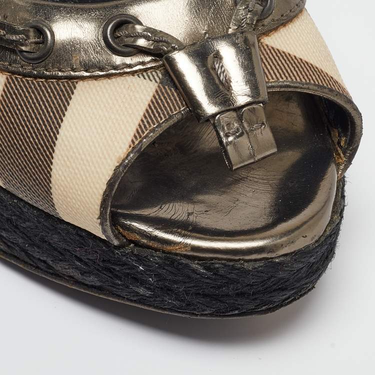 Pre Owned Burberry Multicolor Leather and Check Canvas Espadrille Wedge Slingback Pumps Size 39