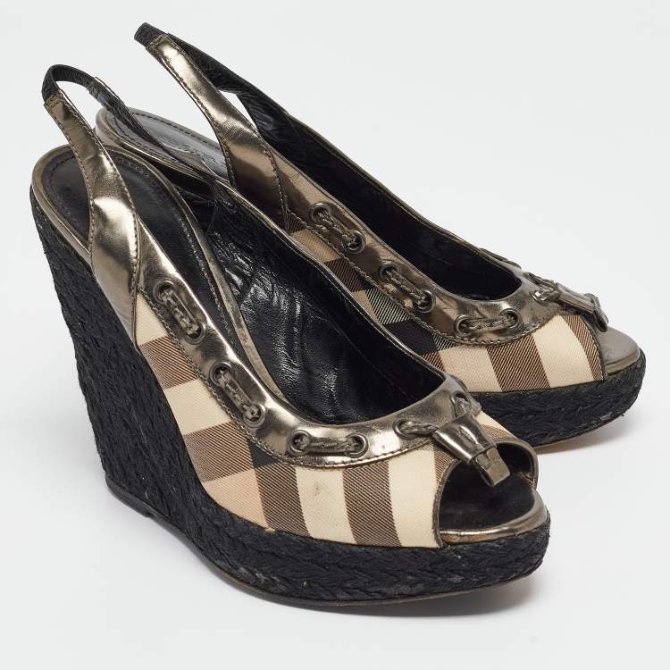 Pre Owned Burberry Multicolor Leather and Check Canvas Espadrille Wedge Slingback Pumps Size 39