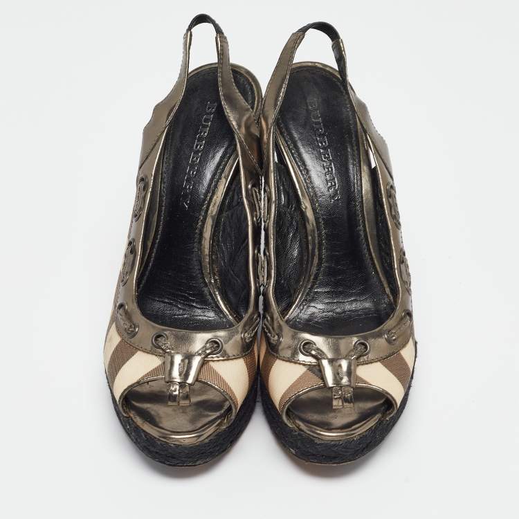 Pre Owned Burberry Multicolor Leather and Check Canvas Espadrille Wedge Slingback Pumps Size 39
