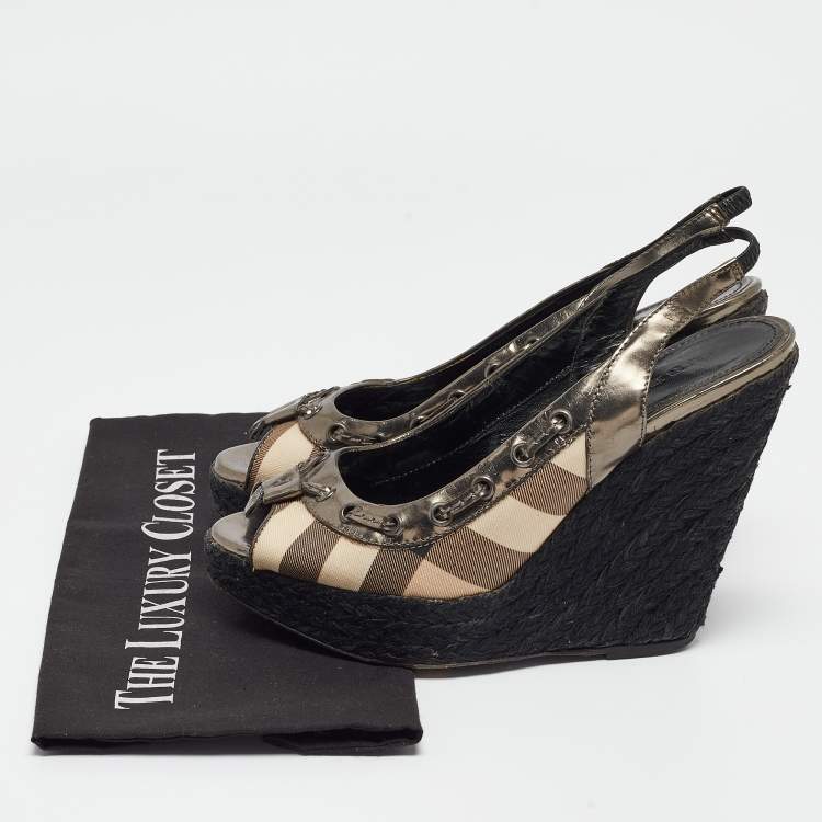 Pre Owned Burberry Multicolor Leather and Check Canvas Espadrille Wedge Slingback Pumps Size 39