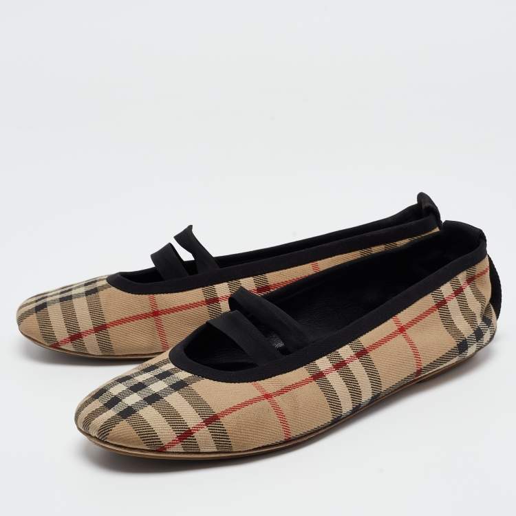 Pre Owned Burberry Black/Beige House Check Fabric Grace Ballerina Flats Size 39