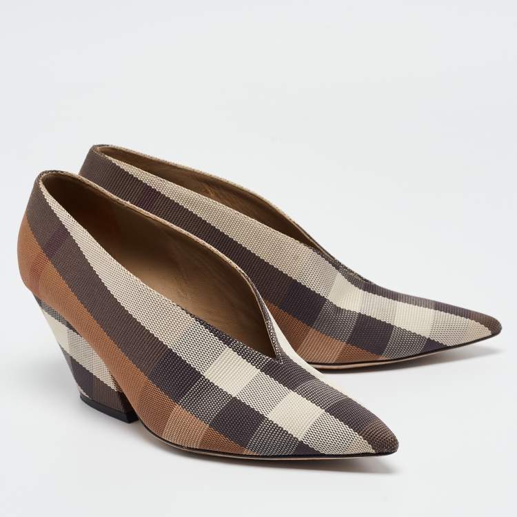 Pre Owned Burberry Beige House Check Fabric Bierfield Pumps Size 38