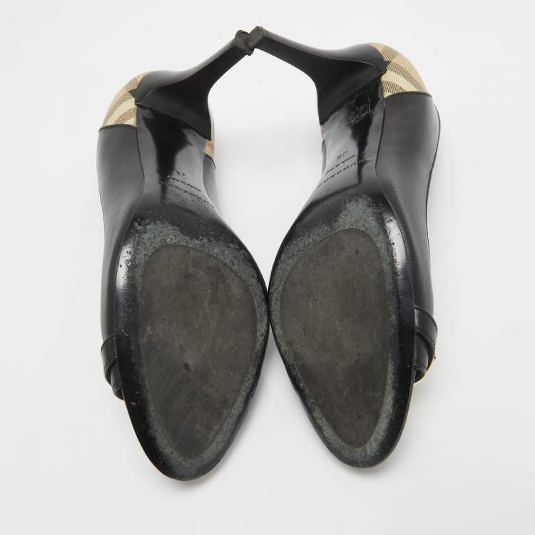 Pre Owned Burberry Black/Beige Leather and Check Coated Canvas Embellished Open Toe Pumps Size 38