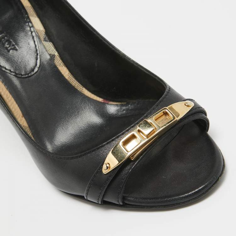 Pre Owned Burberry Black/Beige Leather and Check Coated Canvas Embellished Open Toe Pumps Size 38