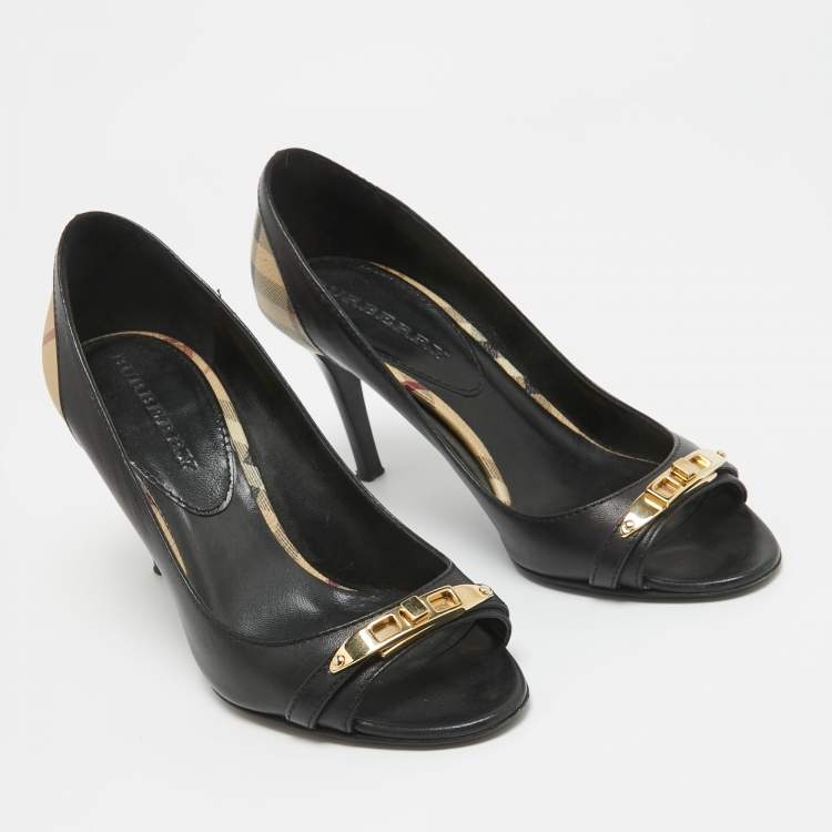 Pre Owned Burberry Black/Beige Leather and Check Coated Canvas Embellished Open Toe Pumps Size 38