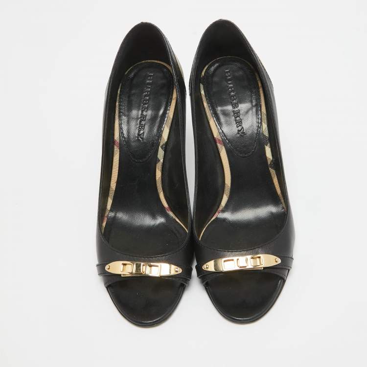 Pre Owned Burberry Black/Beige Leather and Check Coated Canvas Embellished Open Toe Pumps Size 38