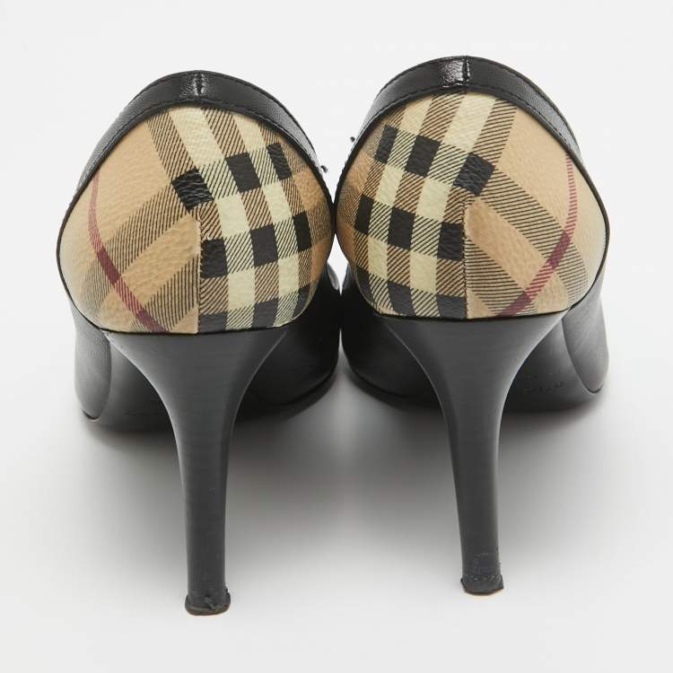 Pre Owned Burberry Black/Beige Leather and Check Coated Canvas Embellished Open Toe Pumps Size 38