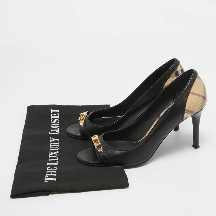 Pre Owned Burberry Black/Beige Leather and Check Coated Canvas Embellished Open Toe Pumps Size 38