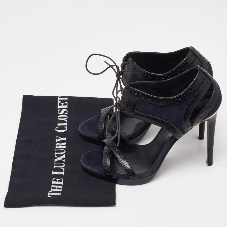 Pre Owned Burberry Navy Blue Suede and Black Brogue Leather Gauld Lace Up Sandals Size 36