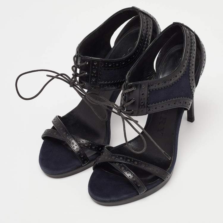Pre Owned Burberry Navy Blue Suede and Black Brogue Leather Gauld Lace Up Sandals Size 36