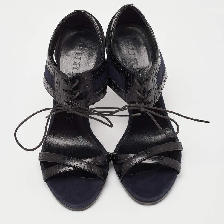 Pre Owned Burberry Navy Blue Suede and Black Brogue Leather Gauld Lace Up Sandals Size 36