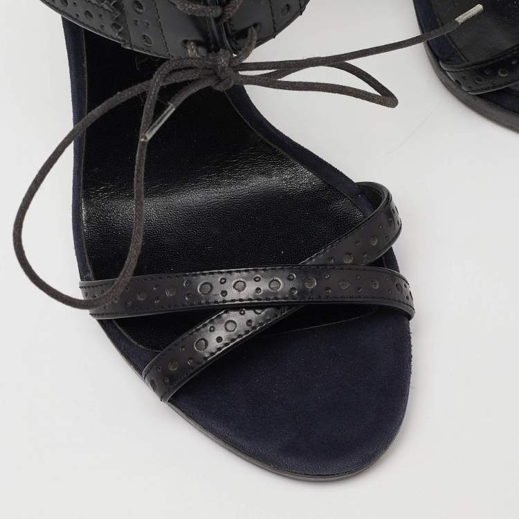 Pre Owned Burberry Navy Blue Suede and Black Brogue Leather Gauld Lace Up Sandals Size 36