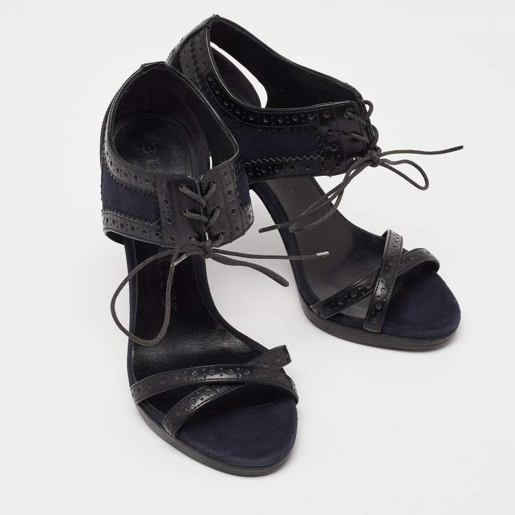 Pre Owned Burberry Navy Blue Suede and Black Brogue Leather Gauld Lace Up Sandals Size 36