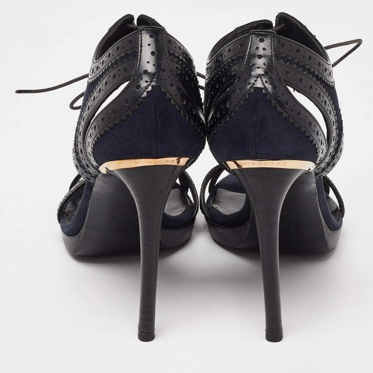 Pre Owned Burberry Navy Blue Suede and Black Brogue Leather Gauld Lace Up Sandals Size 36