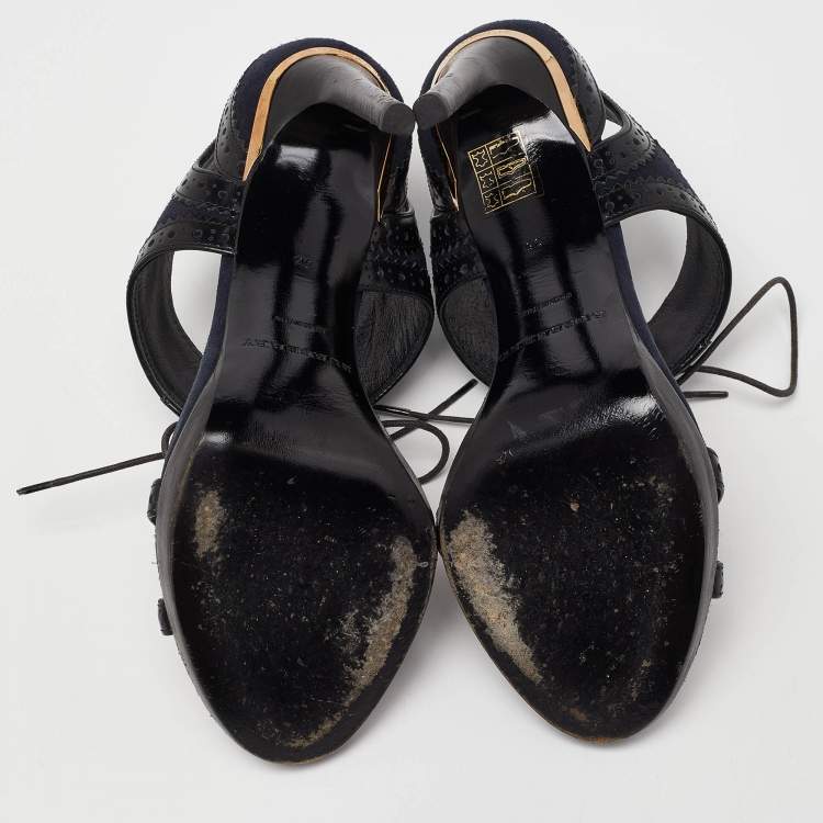 Pre Owned Burberry Navy Blue Suede and Black Brogue Leather Gauld Lace Up Sandals Size 36