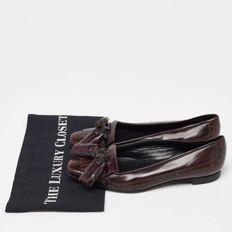 Pre Owned Burberry Burgundy Brogue Leather Tassel Fringe Details Loafers Size 38