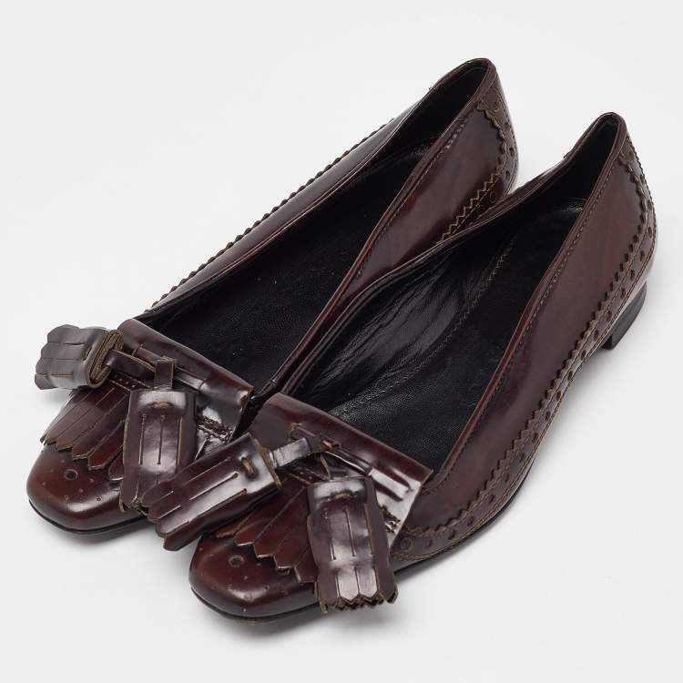 Pre Owned Burberry Burgundy Brogue Leather Tassel Fringe Details Loafers Size 38