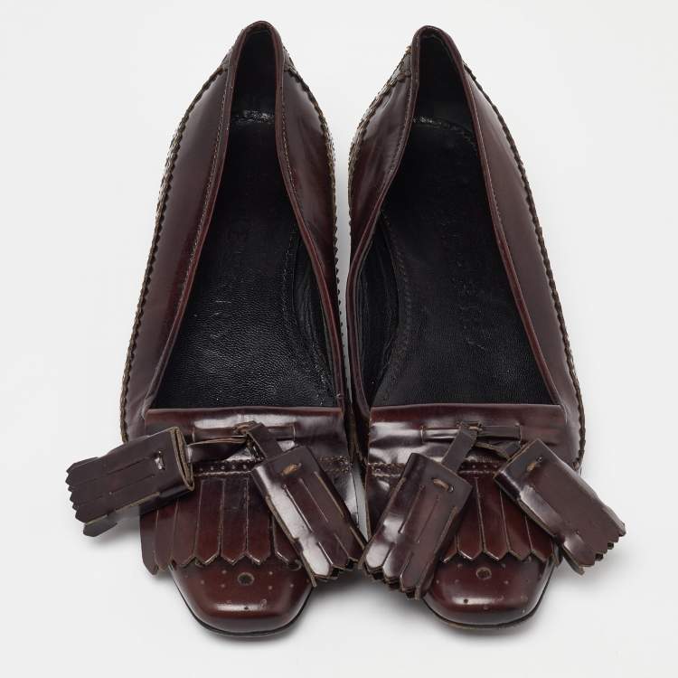 Pre Owned Burberry Burgundy Brogue Leather Tassel Fringe Details Loafers Size 38