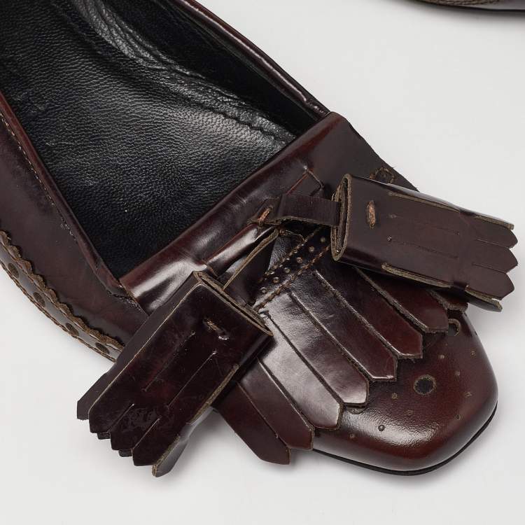 Pre Owned Burberry Burgundy Brogue Leather Tassel Fringe Details Loafers Size 38