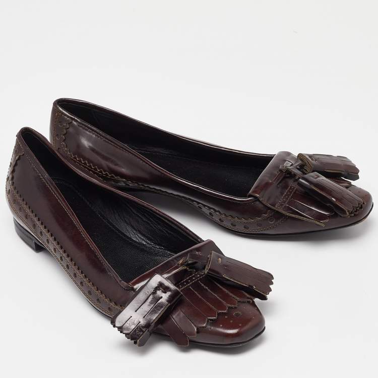 Pre Owned Burberry Burgundy Brogue Leather Tassel Fringe Details Loafers Size 38