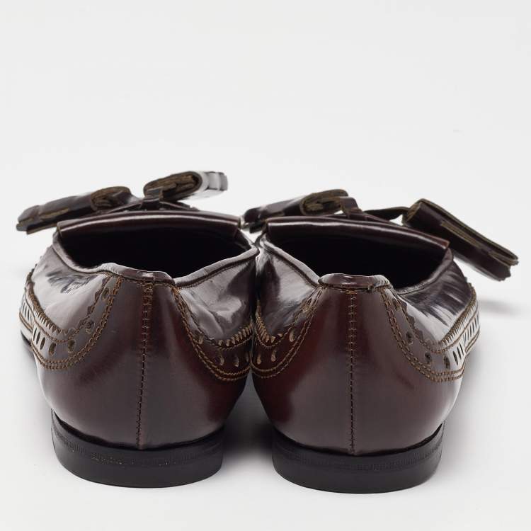 Pre Owned Burberry Burgundy Brogue Leather Tassel Fringe Details Loafers Size 38