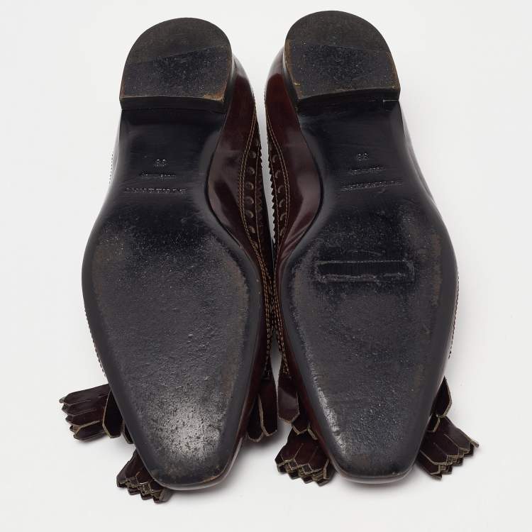 Pre Owned Burberry Burgundy Brogue Leather Tassel Fringe Details Loafers Size 38