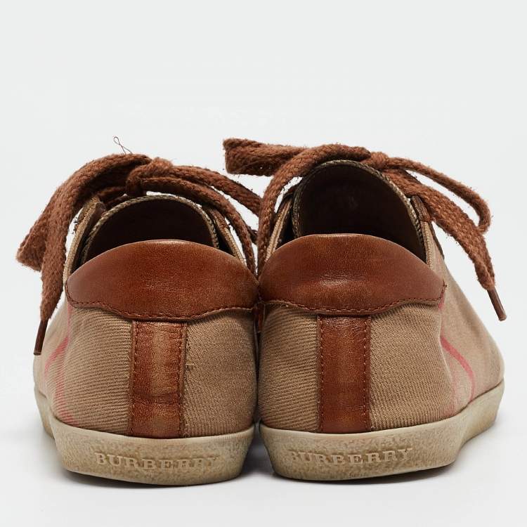 Pre Owned Burberry Brown Nova Check Leather and Canvas Sneakers Size 37