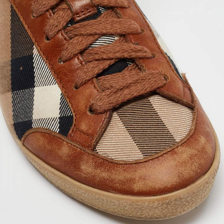 Pre Owned Burberry Brown Nova Check Leather and Canvas Sneakers Size 37