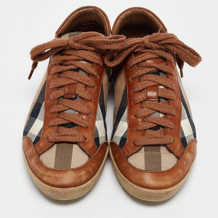 Pre Owned Burberry Brown Nova Check Leather and Canvas Sneakers Size 37