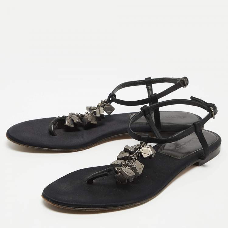 Pre Owned Burberry Black Satin Embellished Thong Flat Sandals Size 39